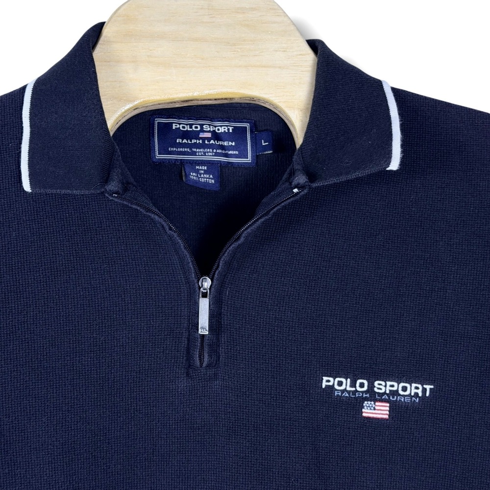 Polo Sport Ralph Lauren Quarter Zip Polo Shirt Mens L Navy Cotton Waffle Knit